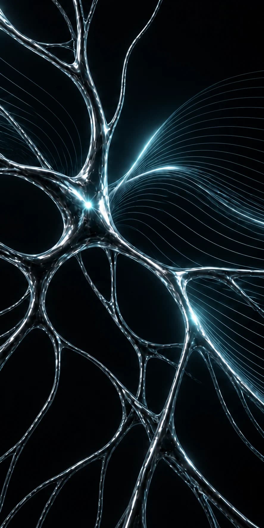 An abstract network of silver neural filaments and flowing signal waves