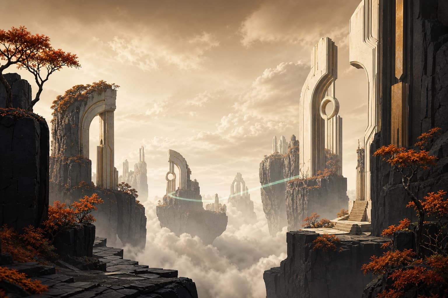 Cinematic floating portal world with ember-orange trees