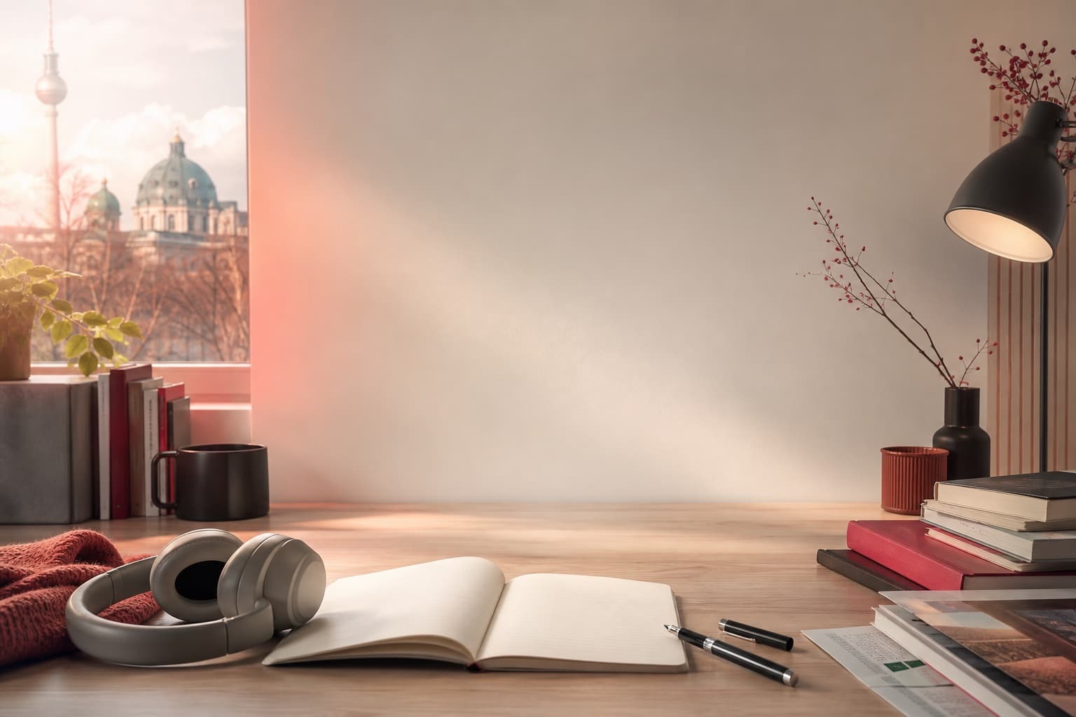 Warm German language study desk overlooking Berlin