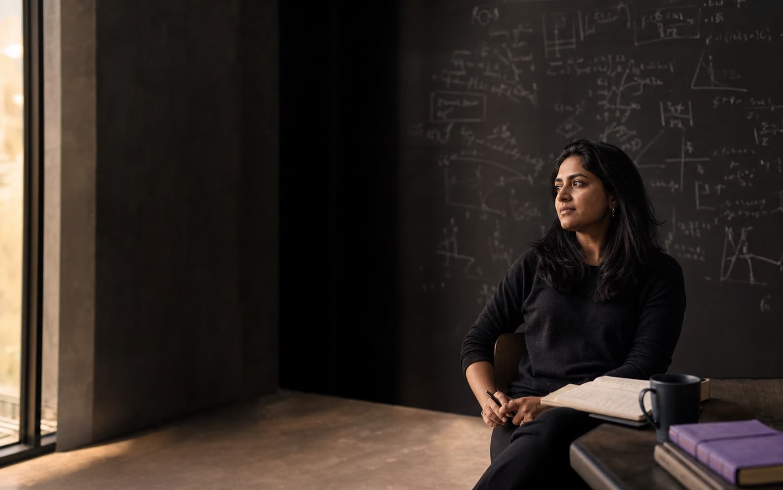 A Strugend researcher reflecting beside a chalkboard of ideas