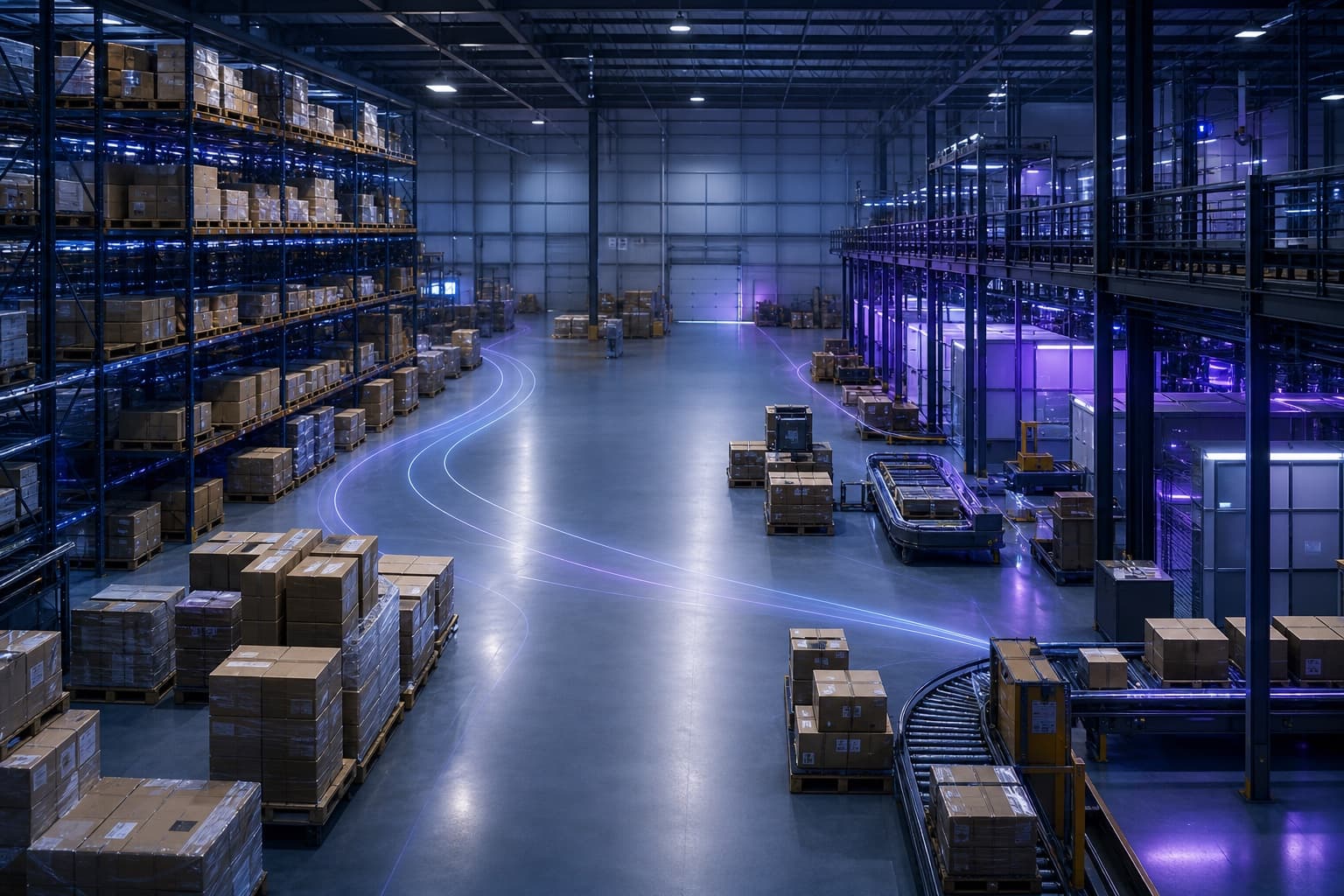 Modern connected warehouse with indigo and violet lighting